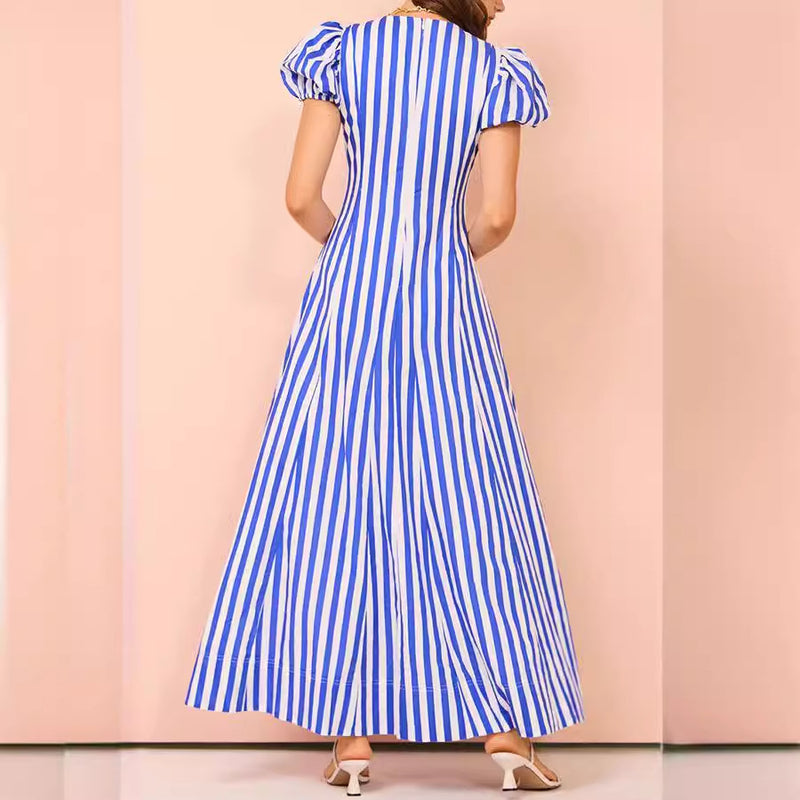 women's striped puff sleeve dress, view 3 - MRSLM