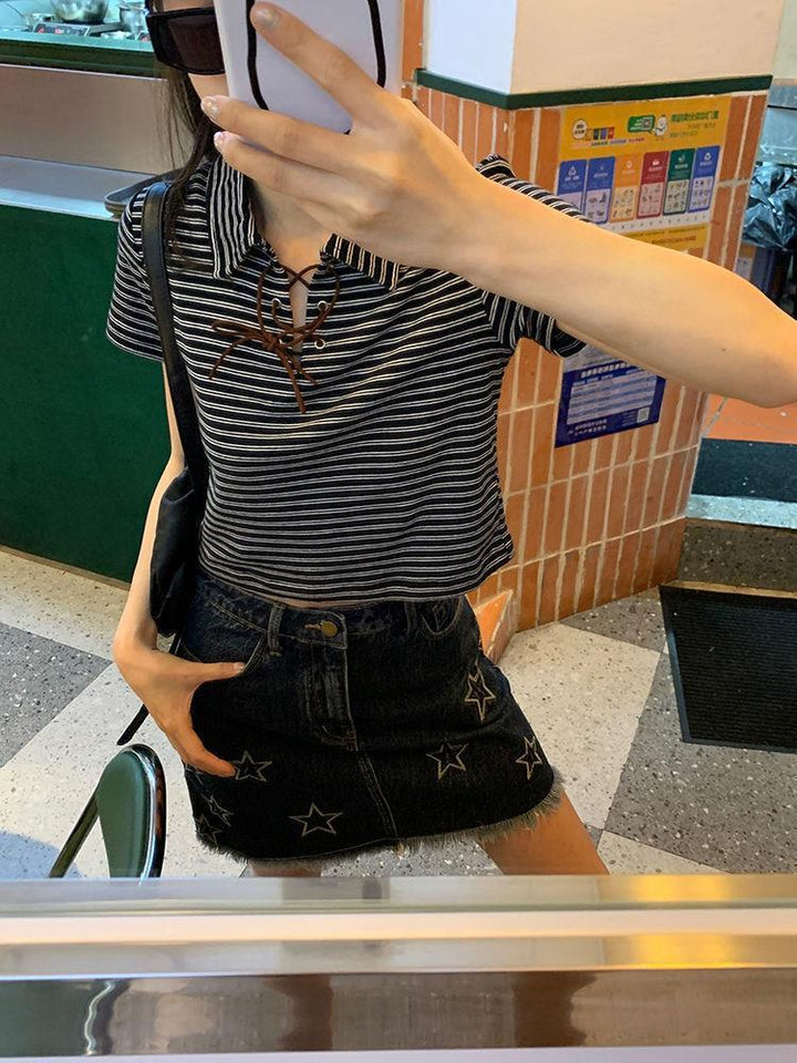 Star Embroidery American Vintage Denim Short Skirt Summer Women's High Waist Spice Girl Half Skirt Bag Hip Skirt