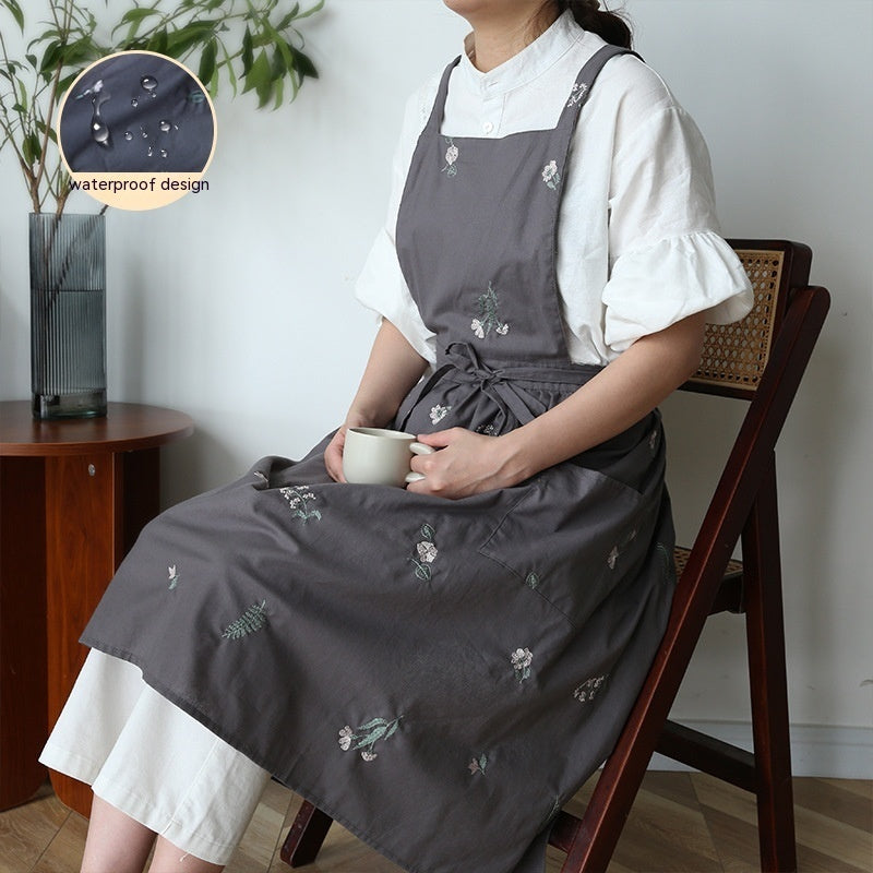 Floral Embroidered Cotton Kitchen Apron