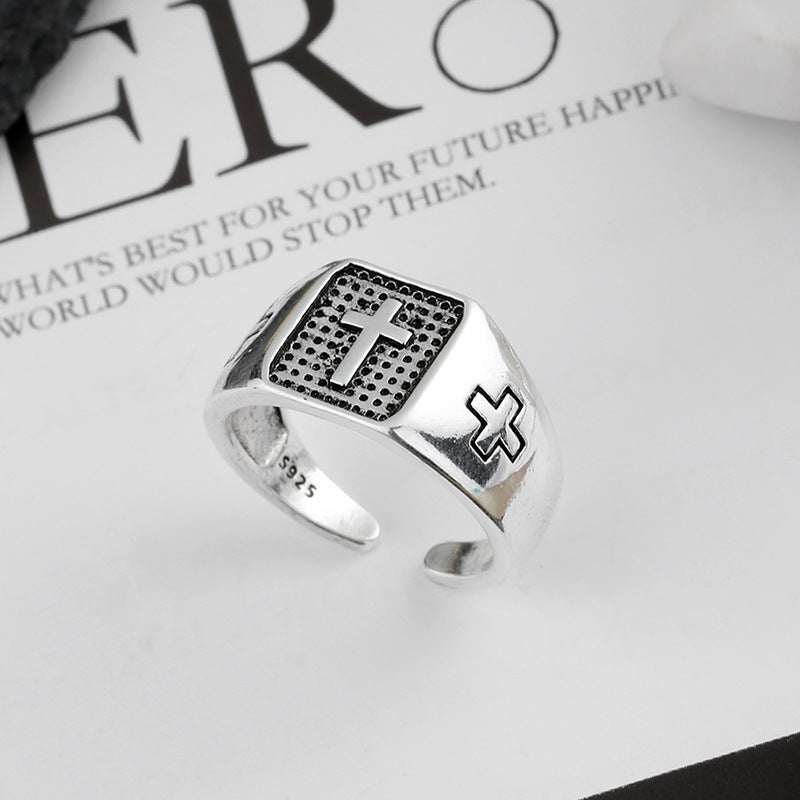 s925 silver cross marcasite punk men's ring, view 4 - MRSLM