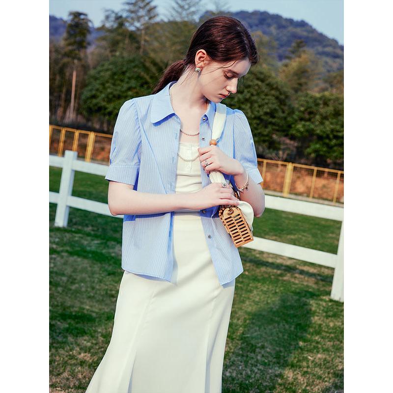 stripe puff sleeve blouse, view 3 - MRSLM