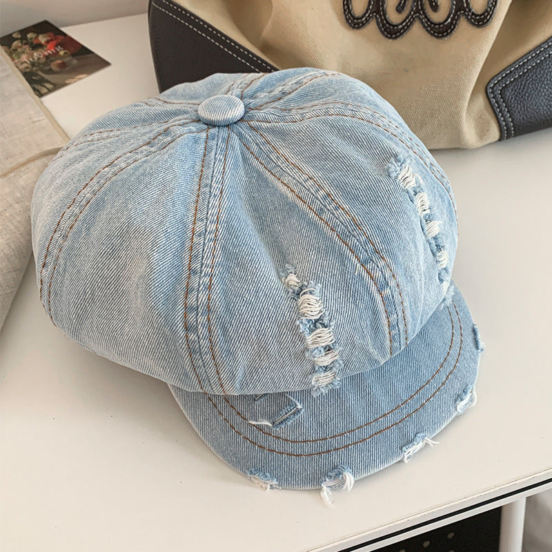 retro ripped denim beret, view 8 - MRSLM