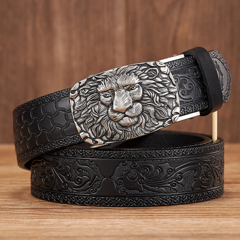 men's 3.5CM leather belt lion pattern buckle, view 6 - MRSLM