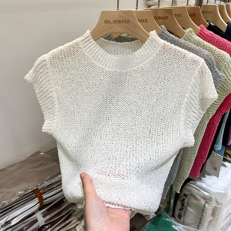 women's open knit short sleeve top, view 5 - MRSLM