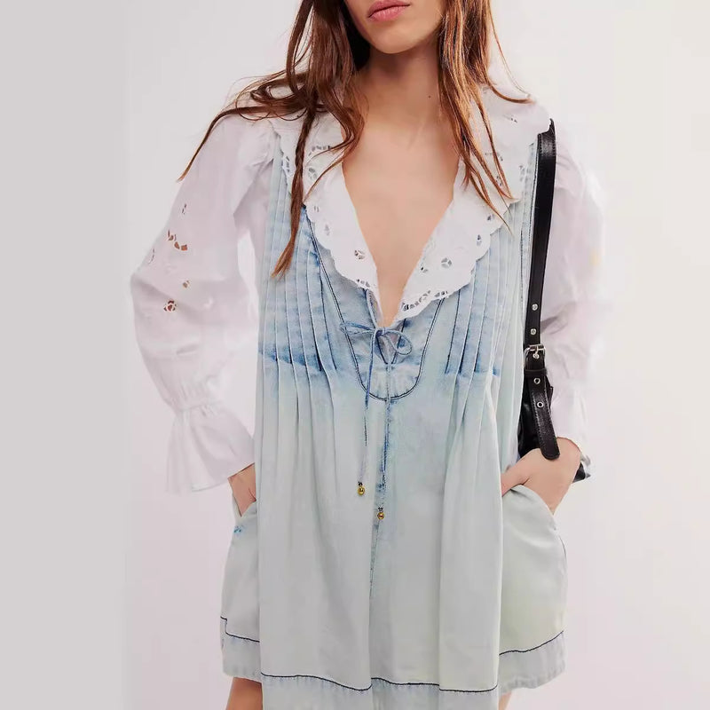 v-neck sleeveless denim shorts jumpsuit, view 2 - MRSLM
