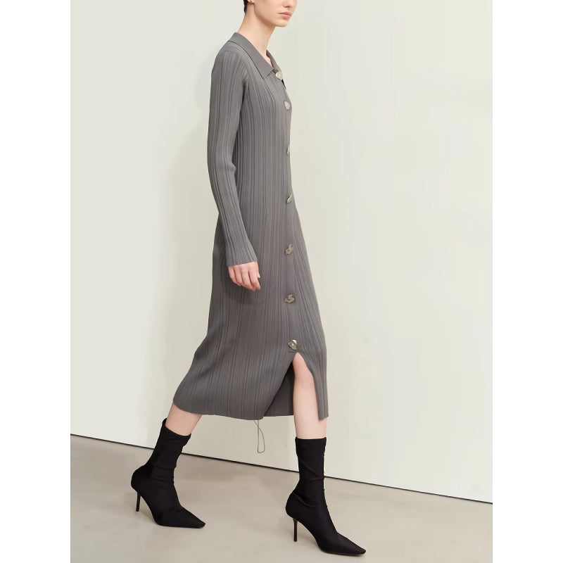 retro lapel knitted dress with metal buckle, view 9 - MRSLM