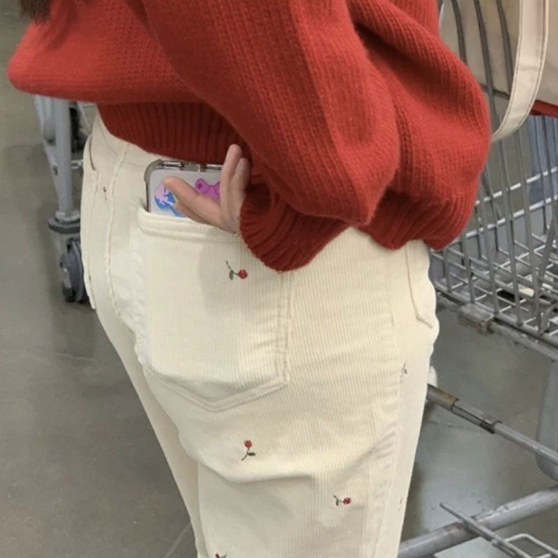 Retro Cherry Embroidered Corduroy Straight Casual Trousers