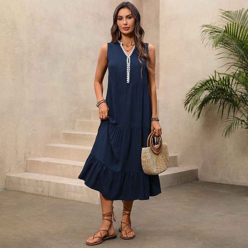 Color-Block V-Neck Maxi Dress With Ruffled Hem