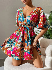 floral cross collar belted dress, view 6 - MRSLM