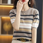 women's striped knit short sleeve top, view 8 - MRSLM