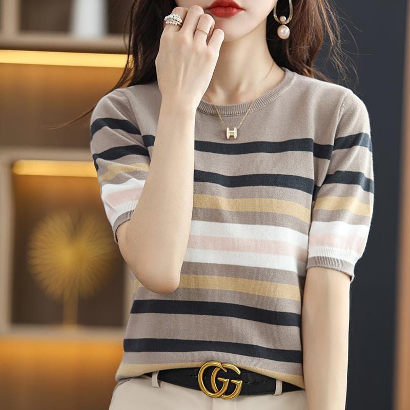 women's striped knit short sleeve top, view 8 - MRSLM