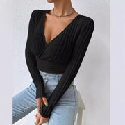 short deep V-neck knitted sweater, view 4 - MRSLM