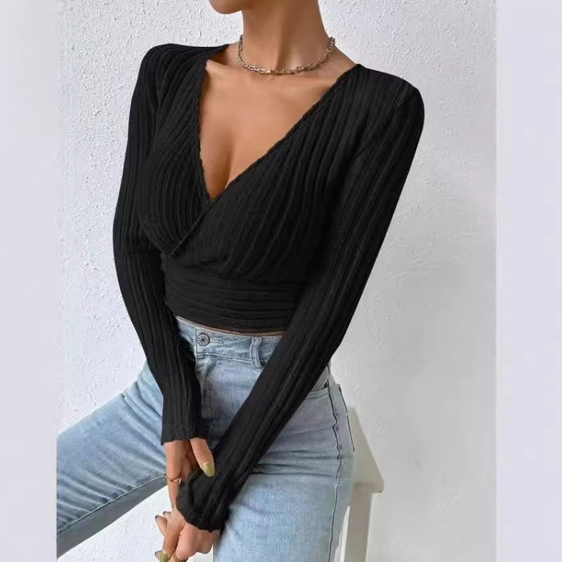 short deep V-neck knitted sweater, view 4 - MRSLM