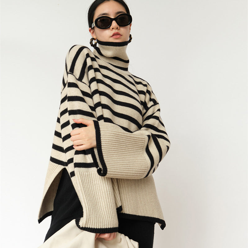 women's loose striped turtleneck sweater, view 7 - MRSLM