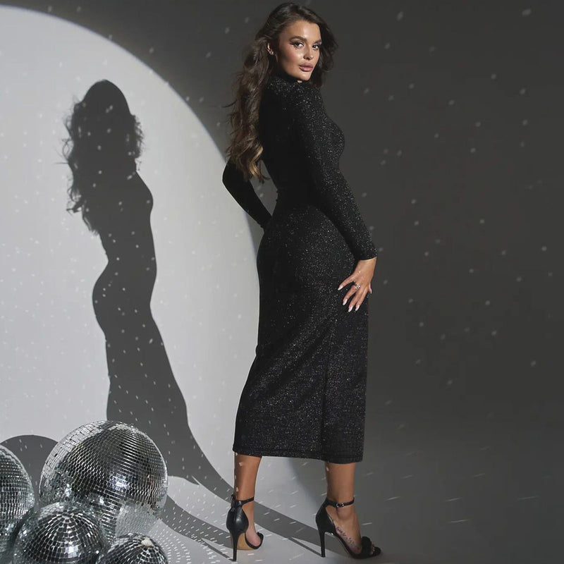 black round neck slit dress, view 4 - MRSLM