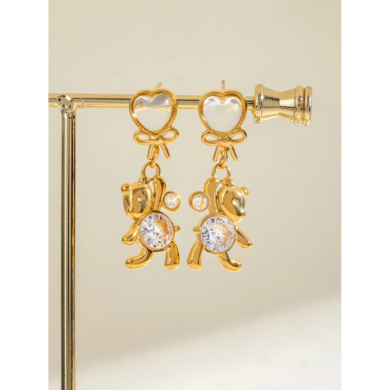 Gold plated panda earrings with cat's eye stone, view 3 - MRSLM