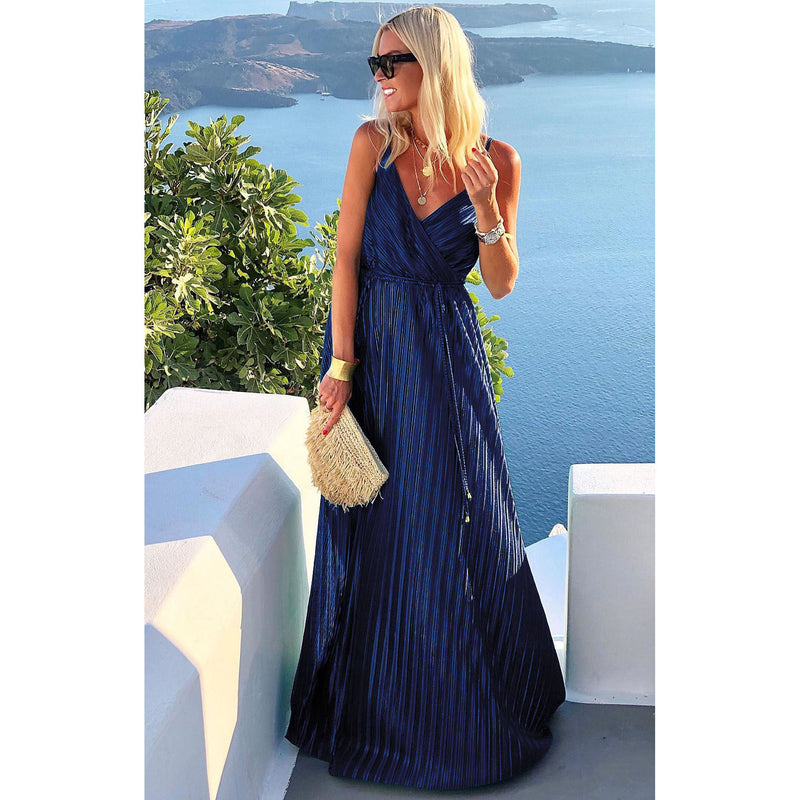 Dark blue sling pleated dress, view 3 - MRSLM