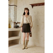 retro v-neck lantern sleeve shirt, view 3 - MRSLM