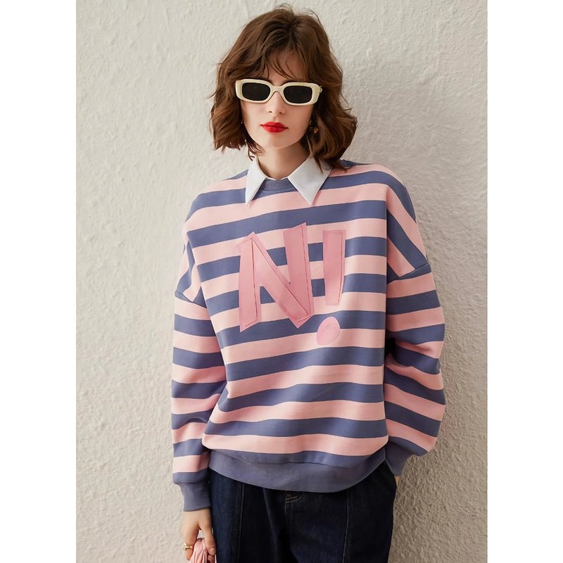 striped letter print sequin embroidered sweatshirt, view 7 - MRSLM