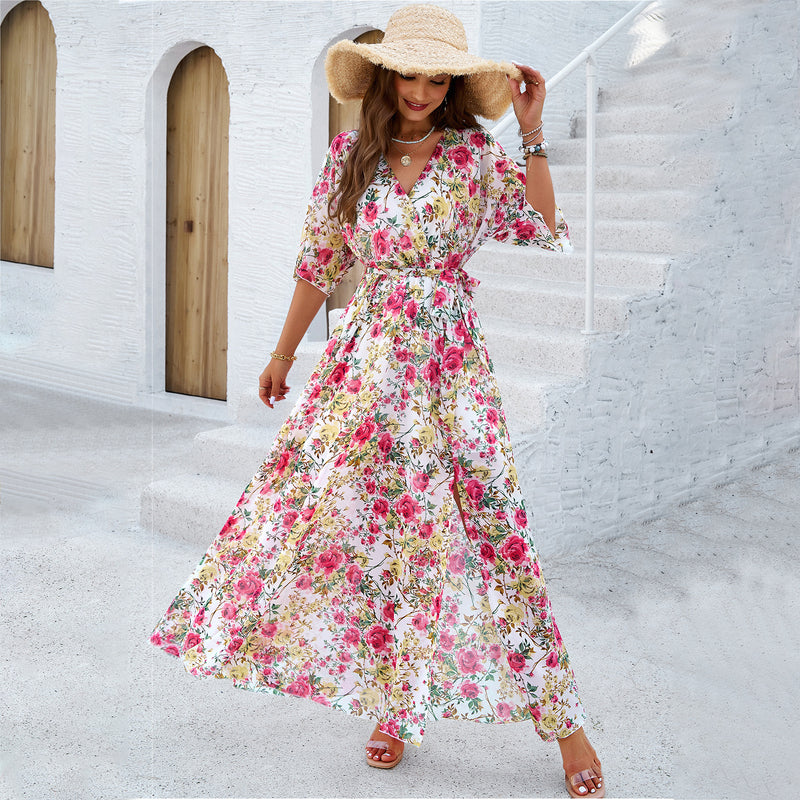 v-neck printed dress, view 5 - MRSLM