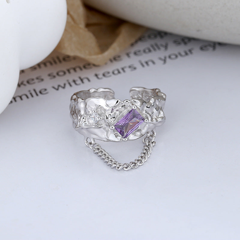 s925 silver foil texture zircon chain ring, view 7 - MRSLM