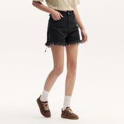 women's black rolled edge cotton shorts, view 4 - MRSLM
