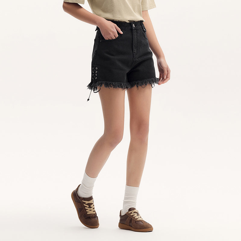 women's black rolled edge cotton shorts, view 4 - MRSLM