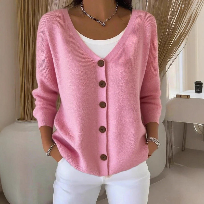 women's solid color button cardigan, view 2 - MRSLM