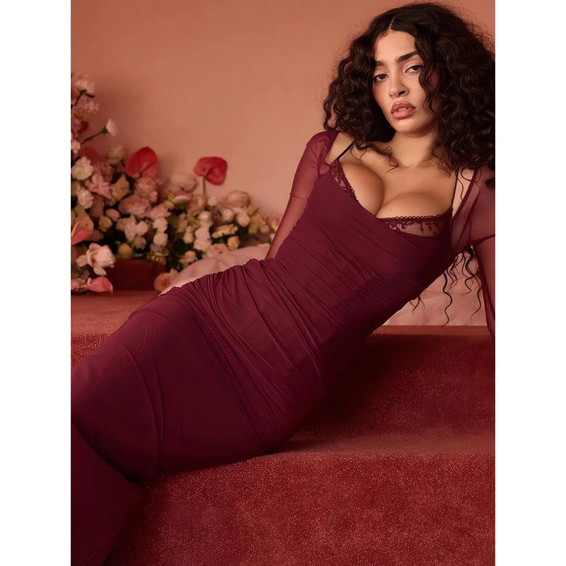 sheer long sleeve maxi dress, view 3 - MRSLM