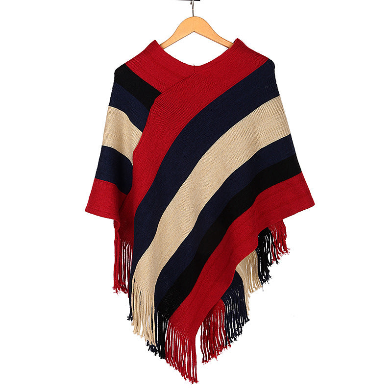 striped knit cape shawl, view 2 - MRSLM