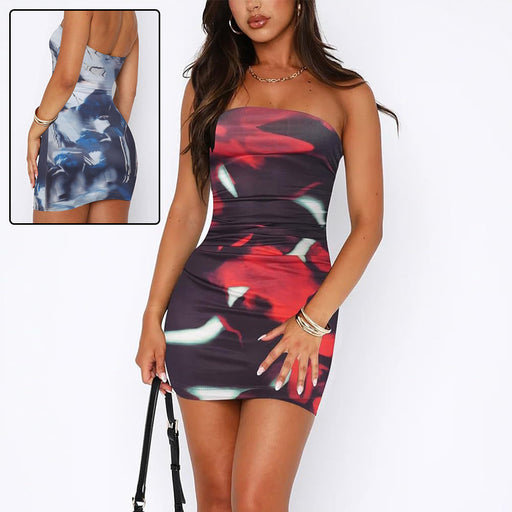 Tube top printed pleated short dress - MRSLM