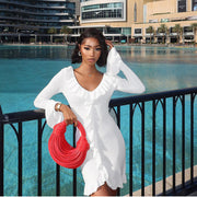 slim knit ruffled long sleeve dress, view 3 - MRSLM