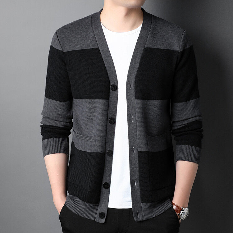 Spring And Autumn Men's Striped Cardigan Single-breasted Long Sleeve Color Matching Casual Sweater Coat
