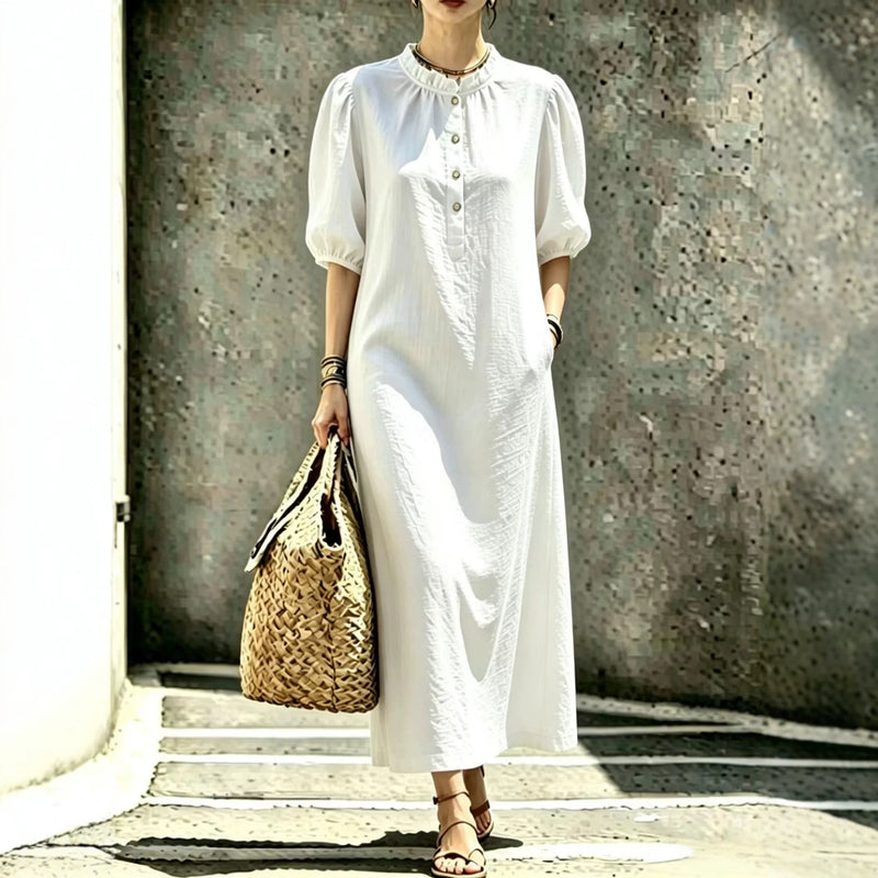 Women's puff sleeve stand collar straight dress, view 7 - MRSLM