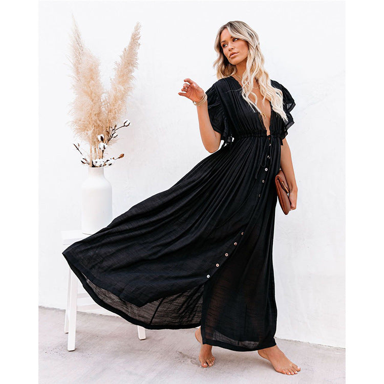 Solid color beach cover-up long dress, view 3 - MRSLM