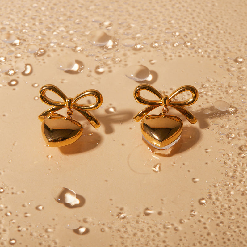 18K gold plated bow heart pendant earrings, view 6 - MRSLM