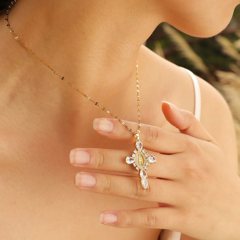 rhinestone cross pendant necklace, view 9 - MRSLM