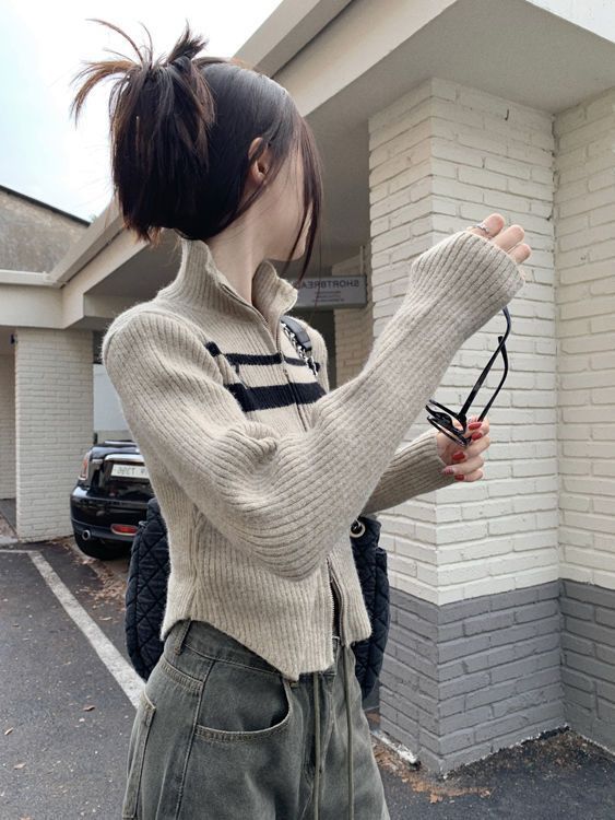women's slim zip stand collar sweater coat, view 8 - MRSLM
