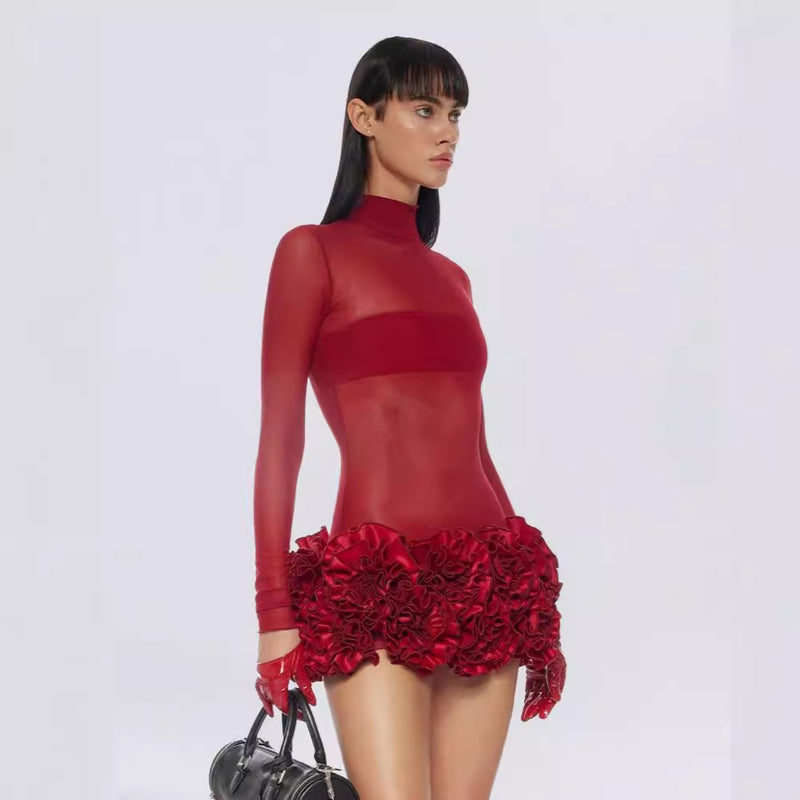Women's red turtleneck long sleeve dress, view 2 - MRSLM