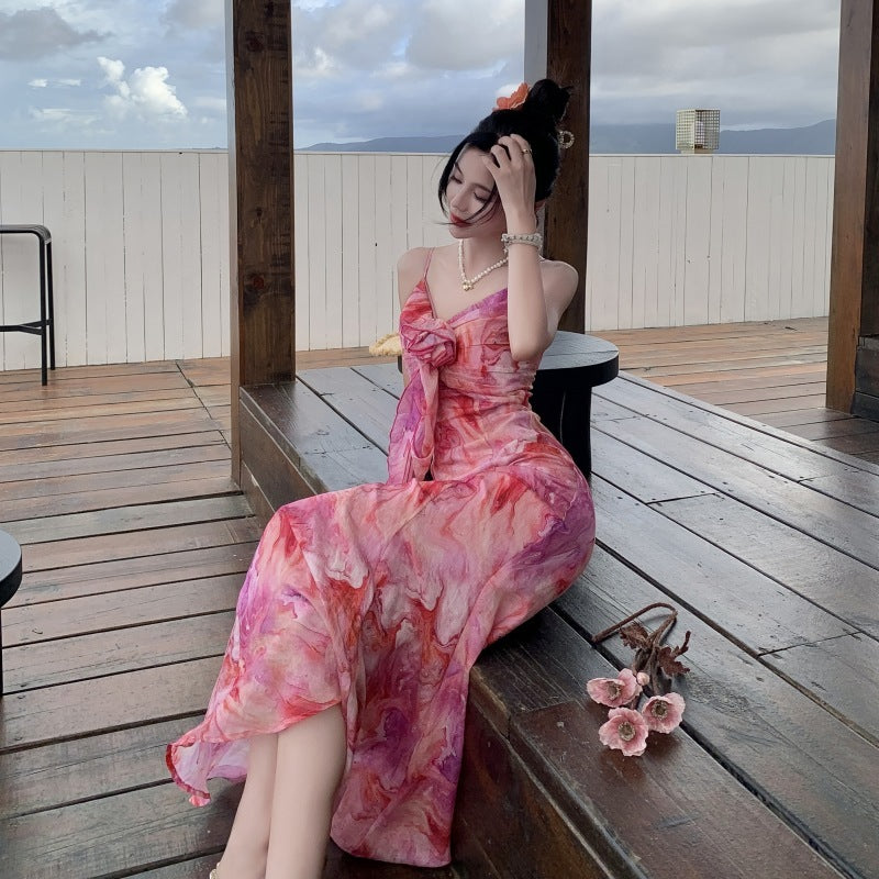 rose red printed long dress, view 3 - MRSLM