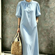 Women's puff sleeve stand collar straight dress, view 3 - MRSLM