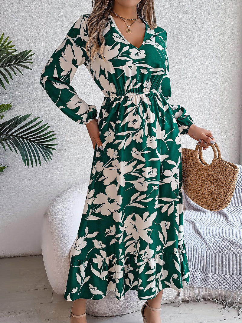 flower print ruffled long sleeve chiffon dress, view 7 - MRSLM