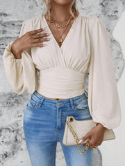 V-neck pleated long sleeve top, view 6 - MRSLM