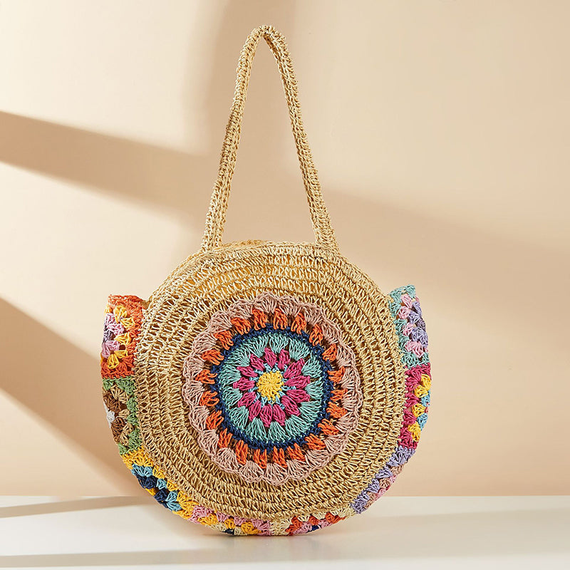 bohemian round straw shoulder bag, view 2 - MRSLM