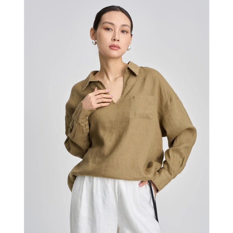Linen V-neck shirt, view 2 - MRSLM