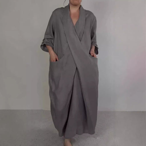 Women's linen V-neck dress with pockets - MRSLM
