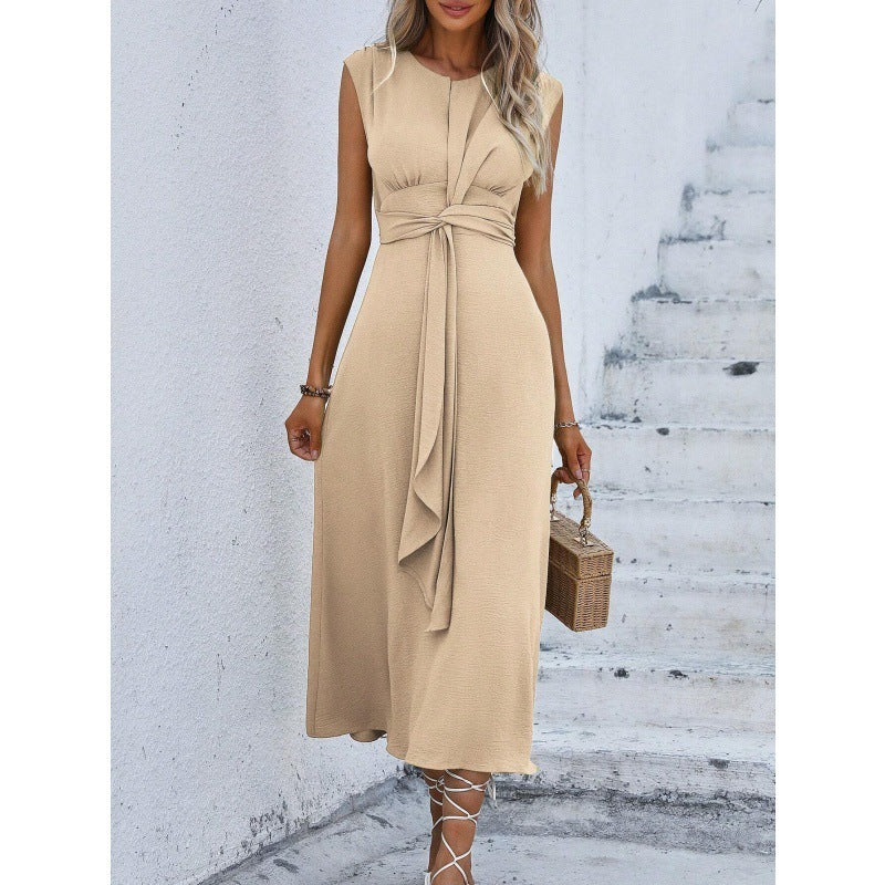 solid color waist tied dress for women, view 11 - MRSLM