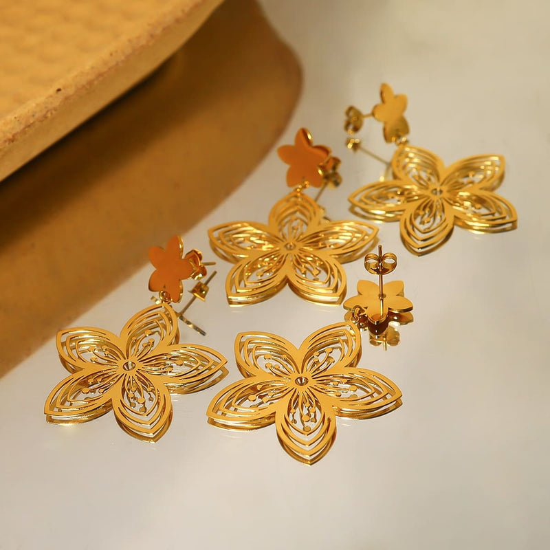 gold flower drop earrings, view 5 - MRSLM