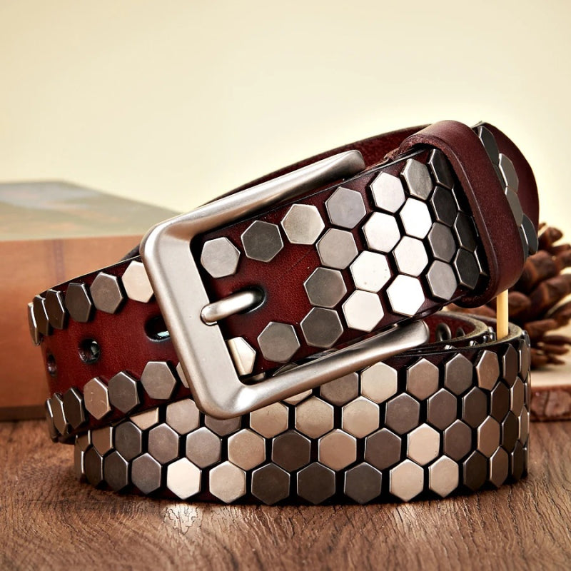 Wide rivet studded leather belt, view 3 - MRSLM