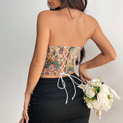 floral print tube top with back-tied design, view 4 - MRSLM